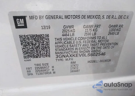 2020 Chevrolet Equinox Fwd Lt 1.5L Turbo из США, поврежденный, VIN 3GNAXKEV0LS602546